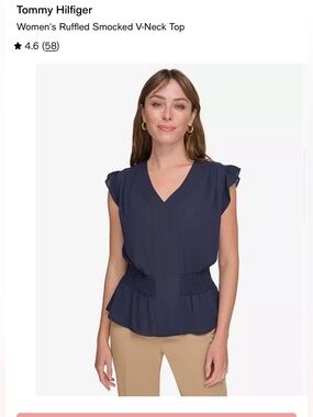 Tommy Hilfiger Navy Ruffled Smocked V-Neck Blouse